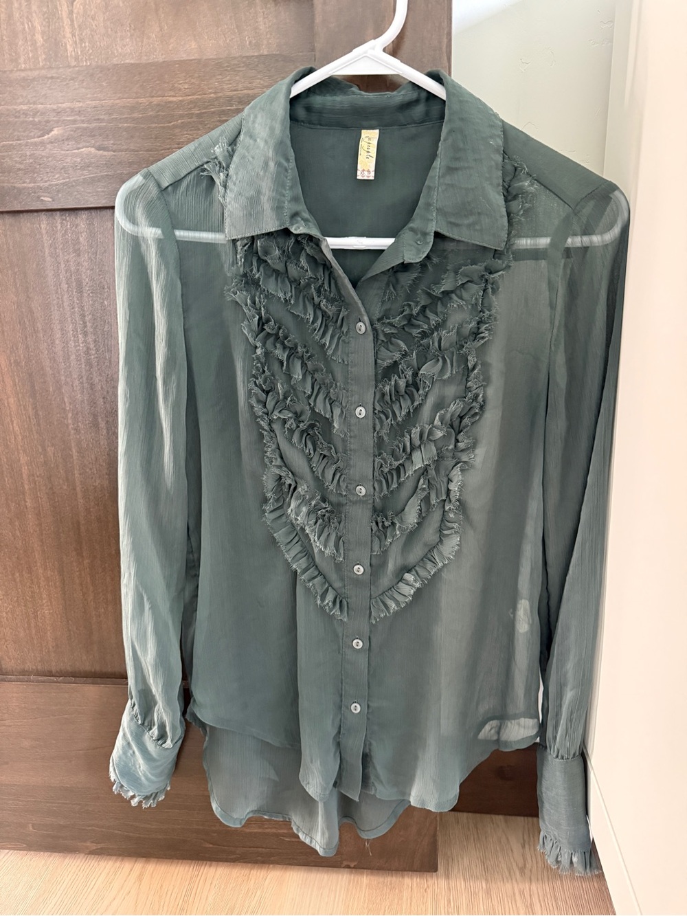 Free People Ruffle Front Blouse Sage Green, Size XS